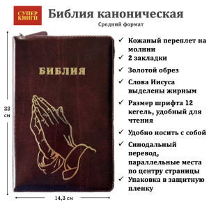 Библия 055z код 25055-26 "руки молящегося", кож. пер. на молнии, цвет корич. с бордо, 143*220 мм