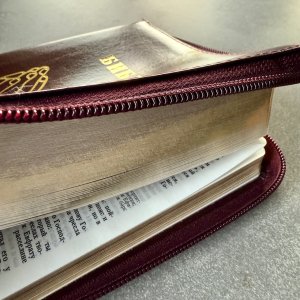 Библия 055z код 25055-26 "руки молящегося", кож. пер. на молнии, цвет корич. с бордо, 143*220 мм